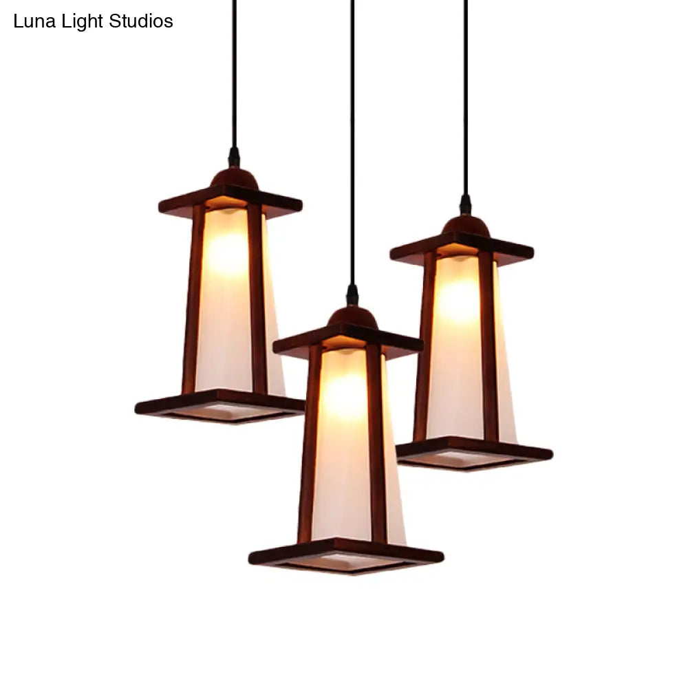 3-Light Coastal Wood Cluster Pendant With Frosted Glass Trapezoid Shade - Stylish Hanging Ceiling