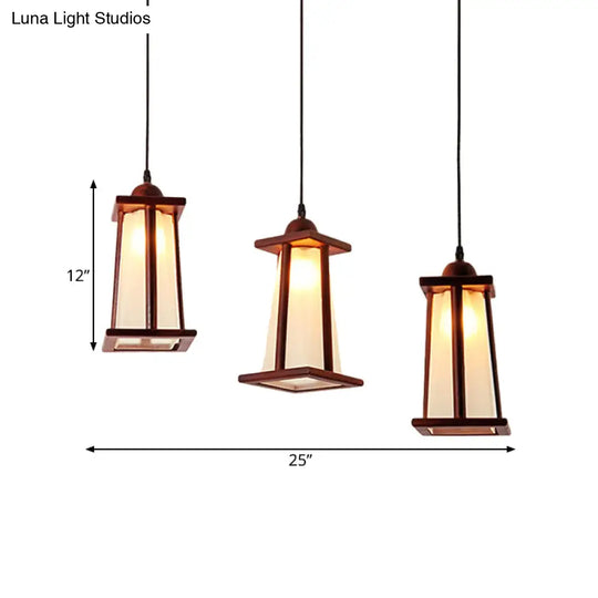 3-Light Coastal Wood Cluster Pendant With Frosted Glass Trapezoid Shade - Stylish Hanging Ceiling