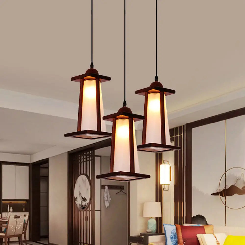 3-Light Coastal Wood Cluster Pendant With Frosted Glass Trapezoid Shade - Stylish Hanging Ceiling