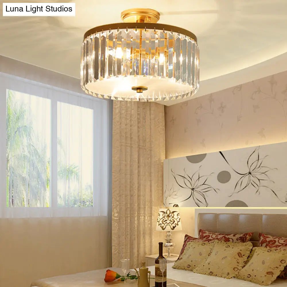 3-Light Crystal Drum Flush Mount Ceiling Lamp In Chic Gold/Silver/Black For Dining Room