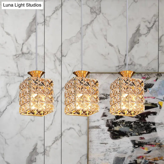 Crystal Island Pendant Light With 3-Lights And Cutout Linear Rectangle Shade Gold