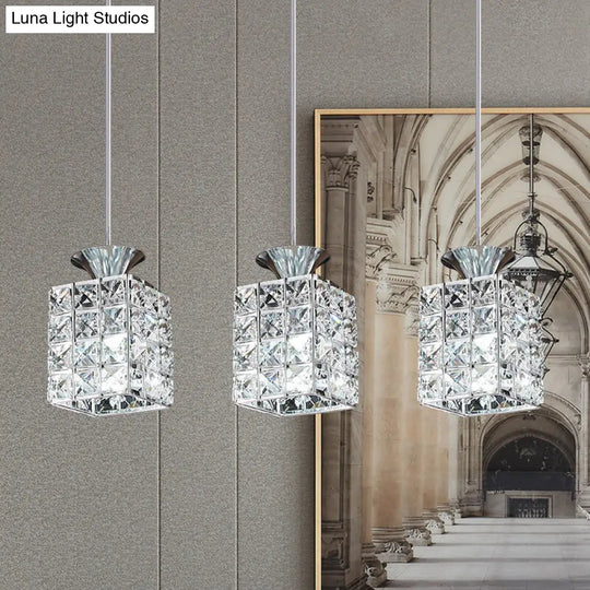 Crystal Island Pendant Light With 3-Lights And Cutout Linear Rectangle Shade Silver