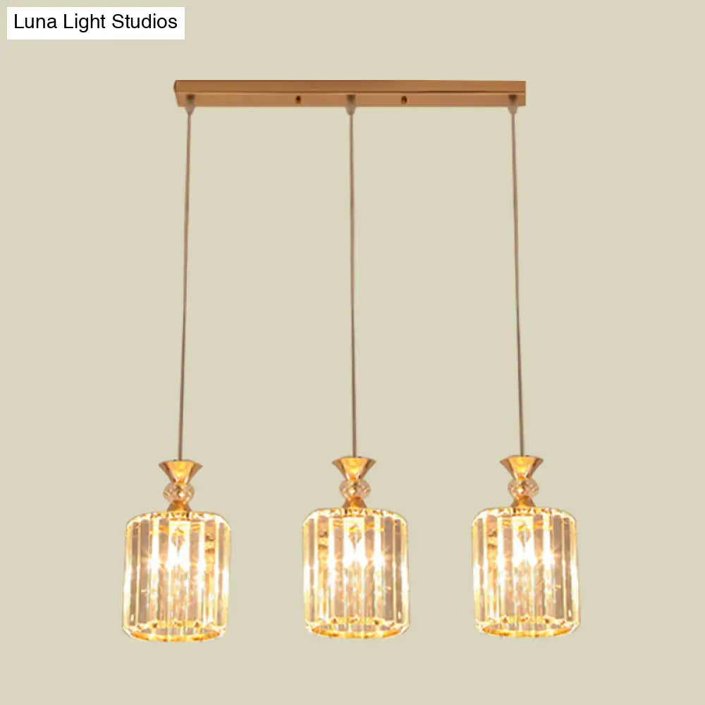 Sleek Gold Cylinder Ceiling Suspension Light With Crystal Prisms - 3-Light Pendant Lamp Fixture