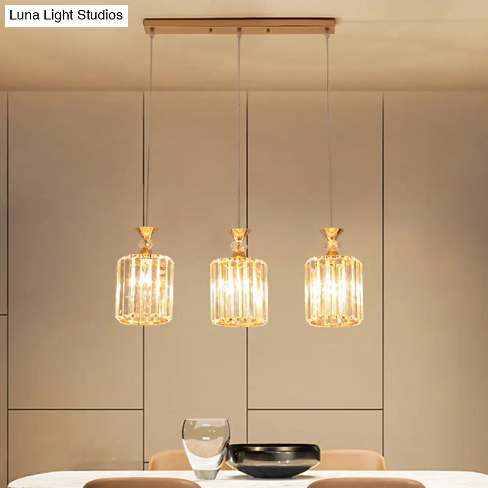 Sleek Gold Cylinder Ceiling Suspension Light With Crystal Prisms - 3-Light Pendant Lamp Fixture