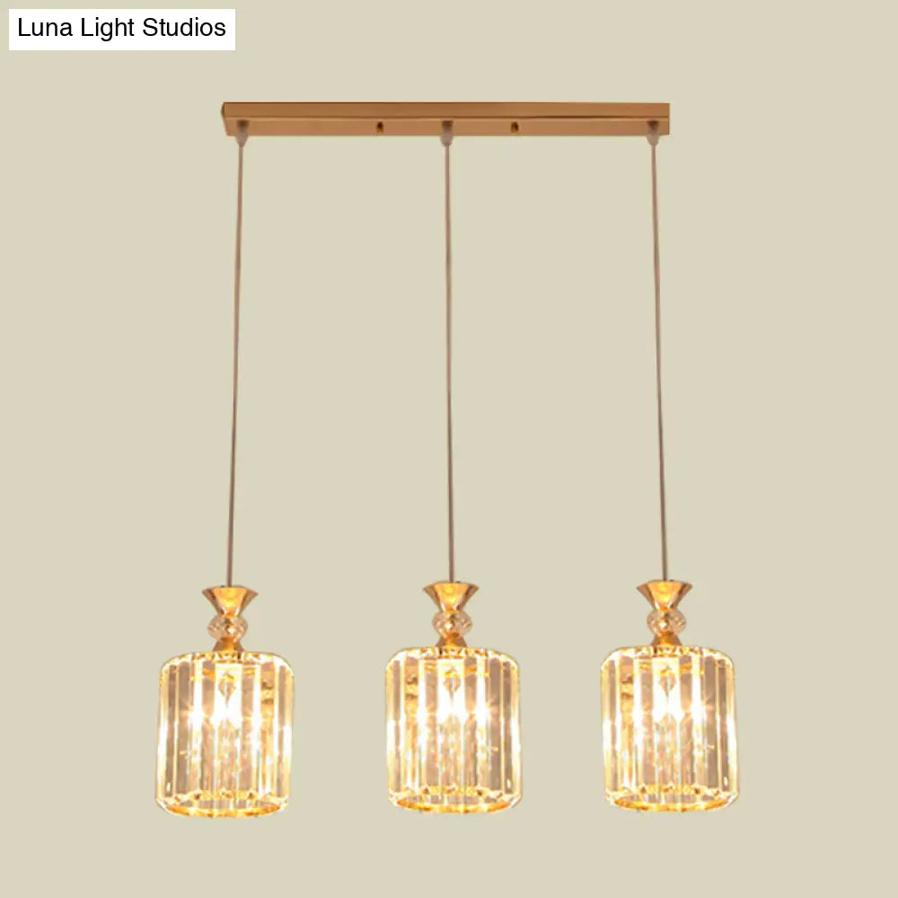 3-Light Gold Cylinder Ceiling Suspension Pendant With Crystal Prisms