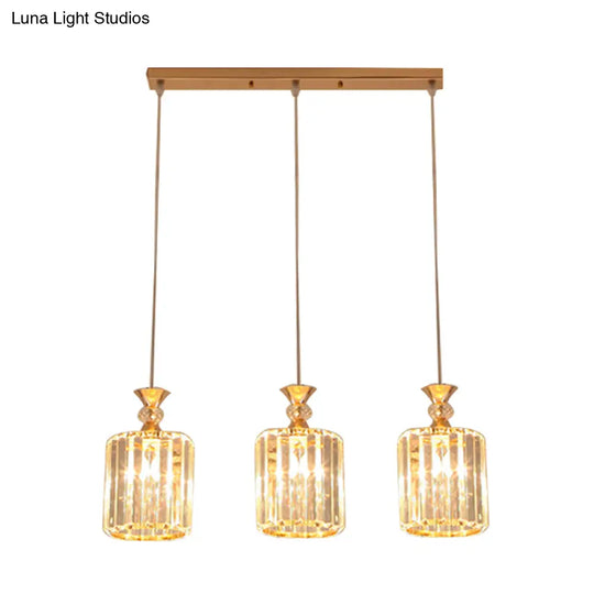 3-Light Gold Cylinder Ceiling Suspension Pendant With Crystal Prisms