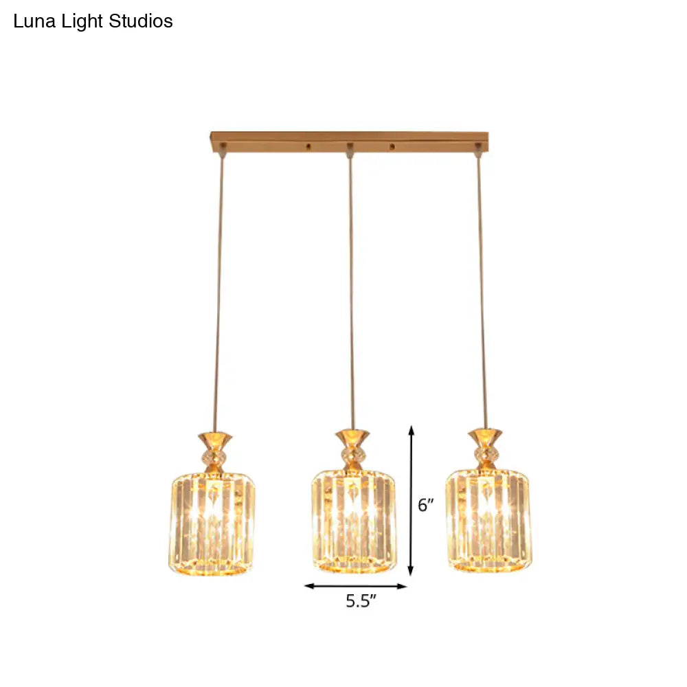 3-Light Gold Cylinder Ceiling Suspension Pendant With Crystal Prisms