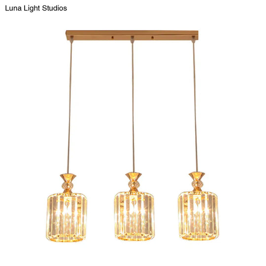 Sleek Gold Cylinder Ceiling Suspension Light With Crystal Prisms - 3-Light Pendant Lamp Fixture