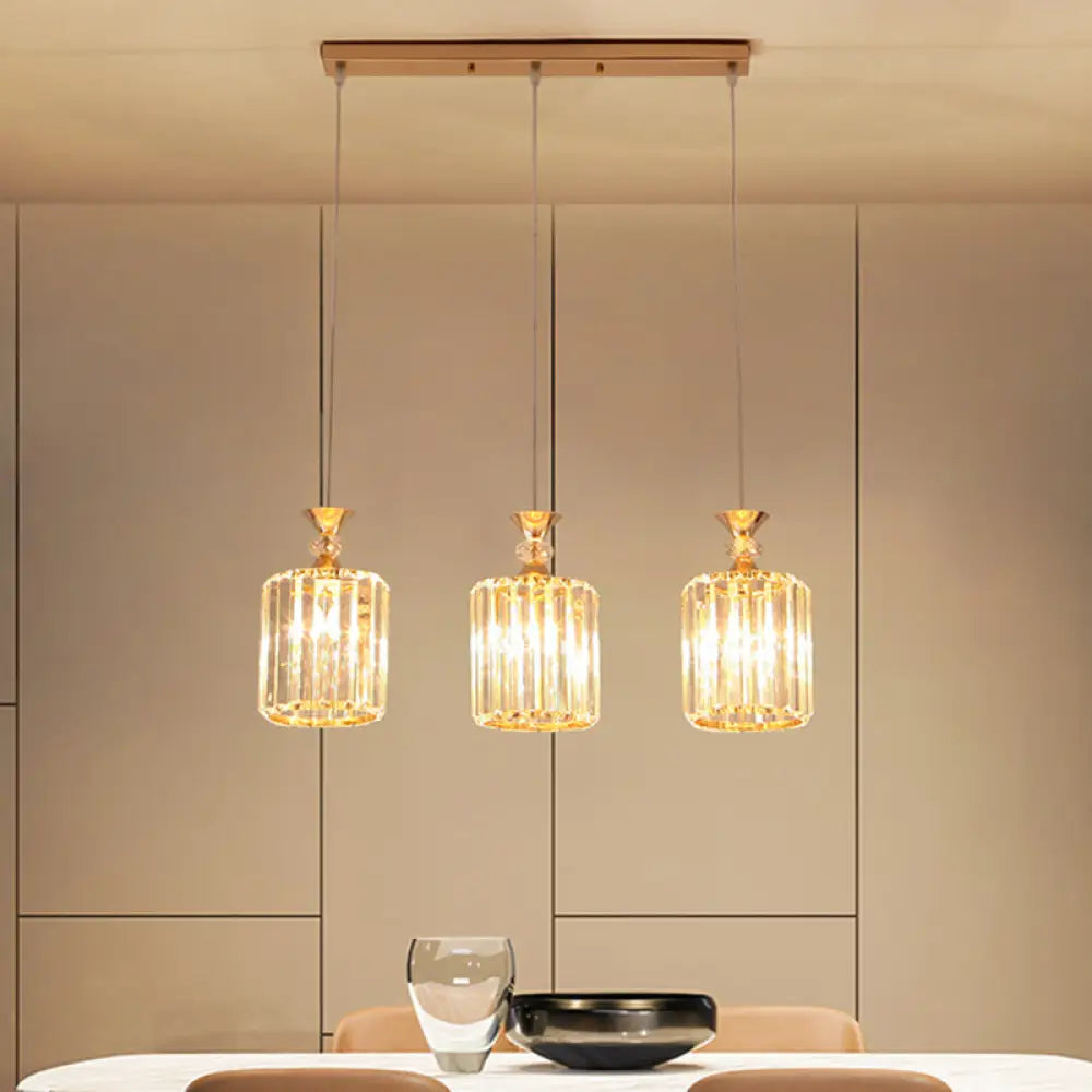 3-Light Gold Cylinder Ceiling Suspension Pendant With Crystal Prisms