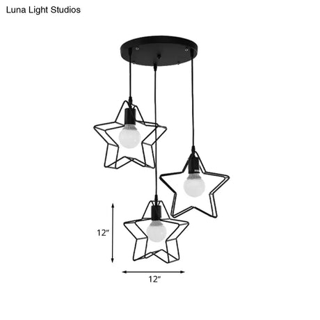 3-Light Industrial Metal Pendant Light With Wire Frame - Black Finish For Star Bedroom