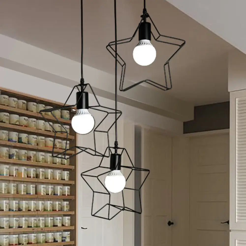 3-Light Industrial Metal Pendant Light With Wire Frame - Black Finish For Star Bedroom