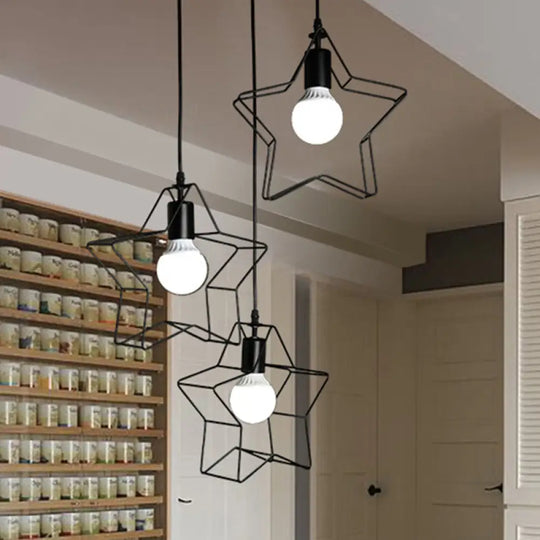 3-Light Industrial Metal Pendant Light With Wire Frame - Black Finish For Star Bedroom