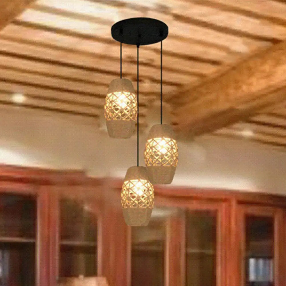 3-Light Industrial Pendant Light With Natural Beige Rope Round Canopy And Oval Shade
