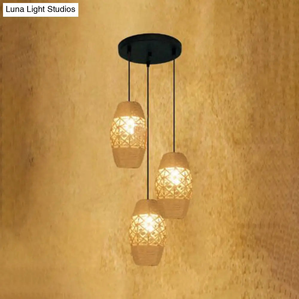 3-Light Industrial Pendant Light With Natural Beige Rope Round Canopy And Oval Shade