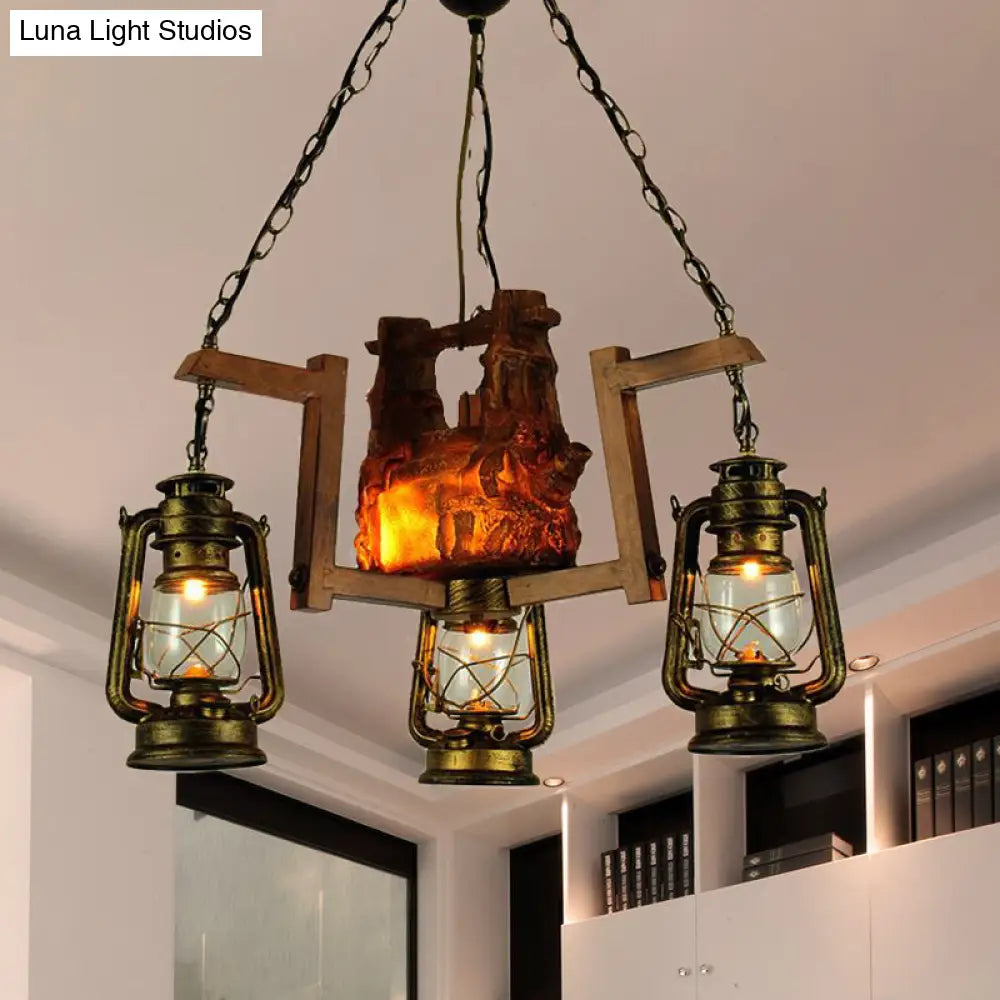 Brass Metal Lantern Pendant Light - Loft Style 3-Light Chandelier For Restaurants Antique