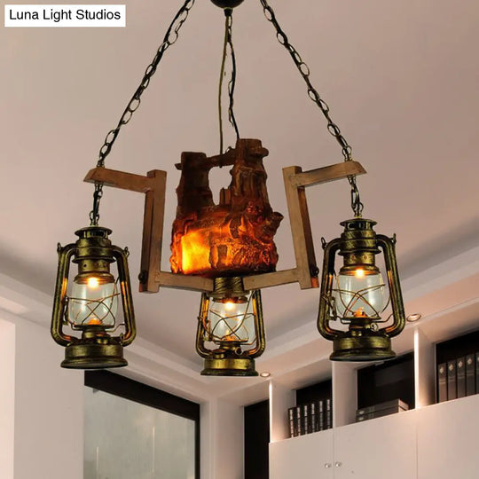 Brass Metal Lantern Pendant Light - Loft Style 3-Light Chandelier For Restaurants Antique