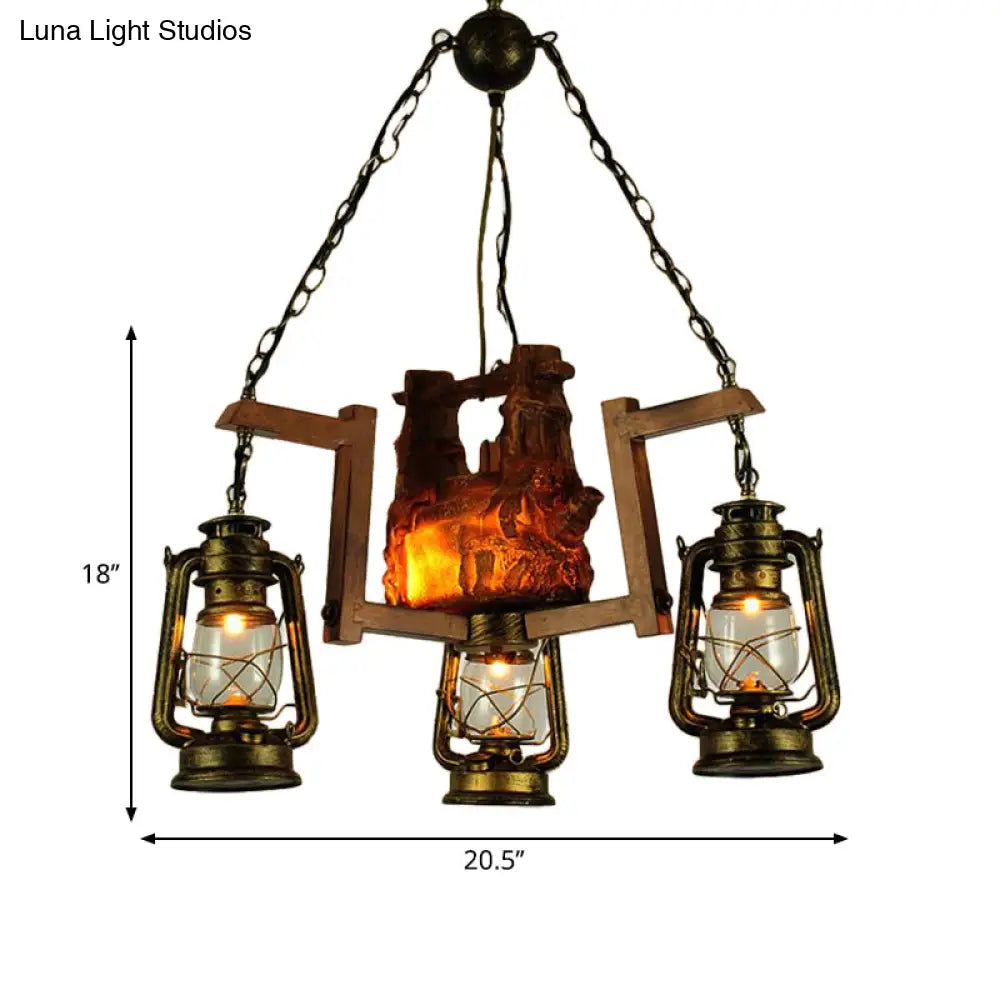 3-Light Lantern Pendant Chandelier - Loft Style Metal Aged Brass Ideal For Restaurants