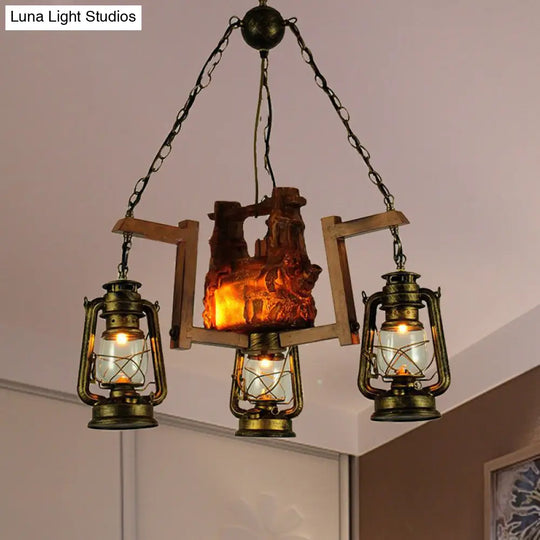 3-Light Lantern Pendant Chandelier - Loft Style Metal Aged Brass Ideal For Restaurants