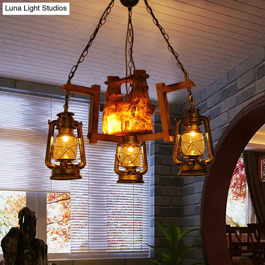 Brass Metal Lantern Pendant Light - Loft Style 3-Light Chandelier For Restaurants