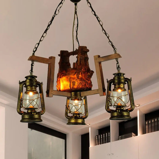 3-Light Lantern Pendant Chandelier - Loft Style Metal Aged Brass Ideal For Restaurants Antique