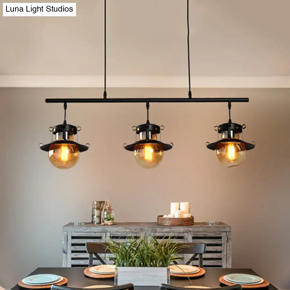 3-Light Linear Hanging Island Pendant - Traditional Black Metal Lamp With Flared Shade