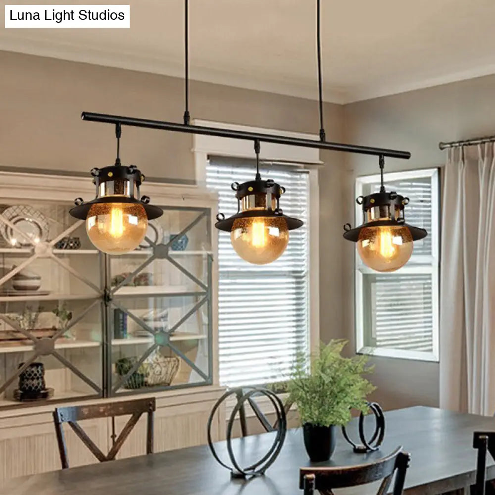 3-Light Linear Hanging Island Pendant - Traditional Black Metal Lamp With Flared Shade