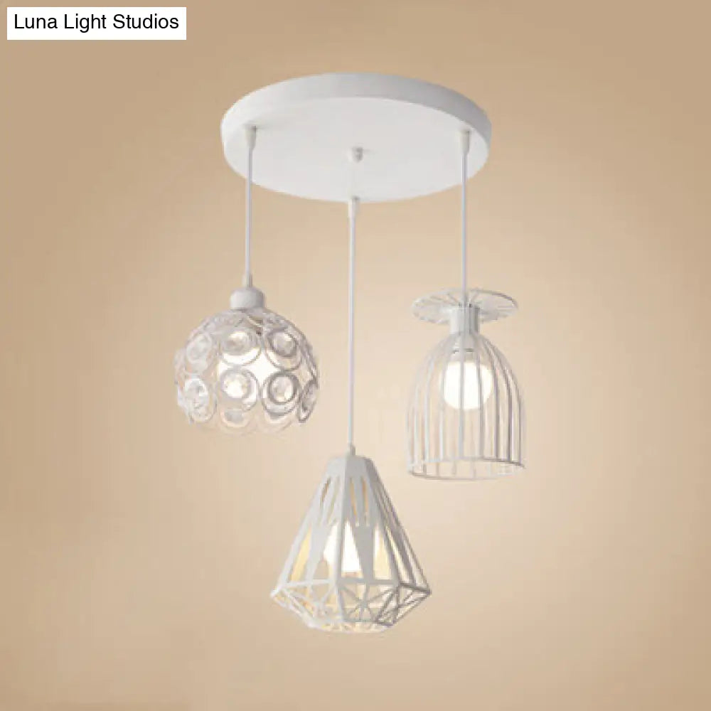 Loft Style Suspended Caged Metal Ceiling Fixture With 3 Lights And Shades In Black/White - Perfect