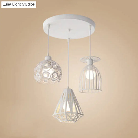 Loft Style Suspended Caged Metal Ceiling Fixture With 3 Lights And Shades In Black/White - Perfect