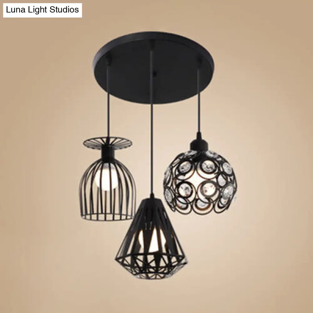 Loft Style Suspended Caged Metal Ceiling Fixture With 3 Lights And Shades In Black/White - Perfect