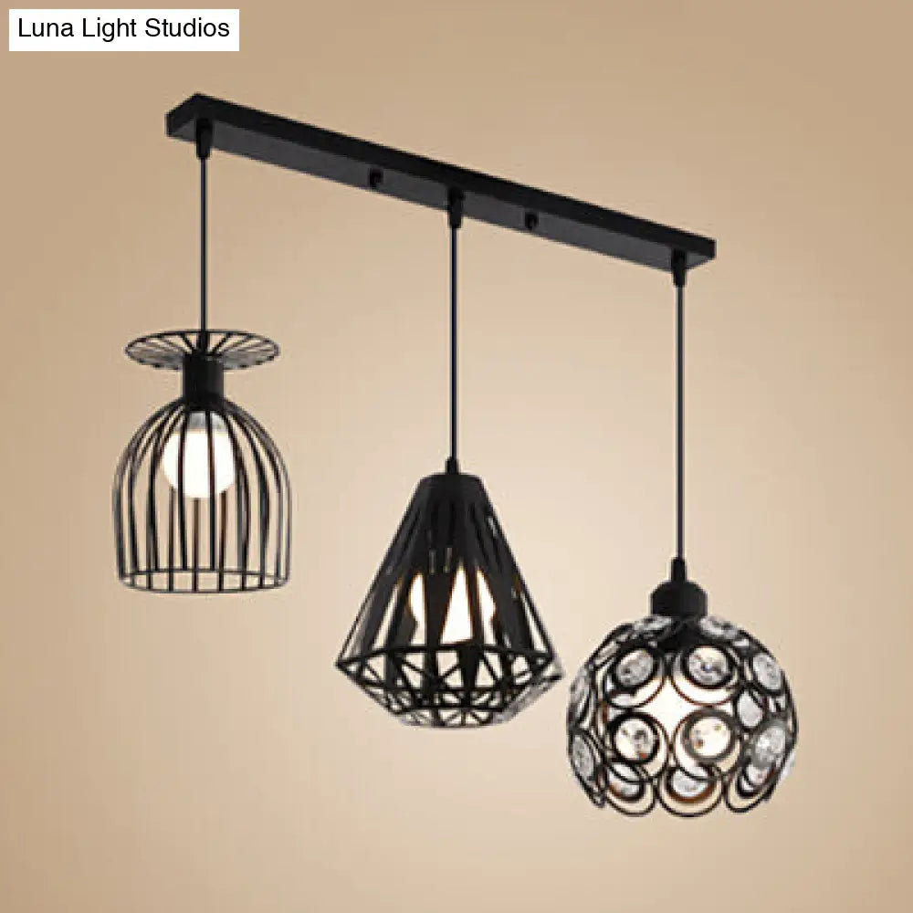 Loft Style Suspended Caged Metal Ceiling Fixture With 3 Lights And Shades In Black/White - Perfect