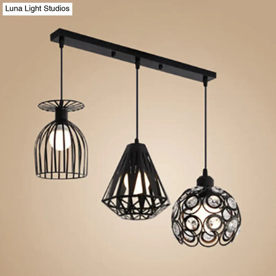 Loft Style Suspended Caged Metal Ceiling Fixture With 3 Lights And Shades In Black/White - Perfect