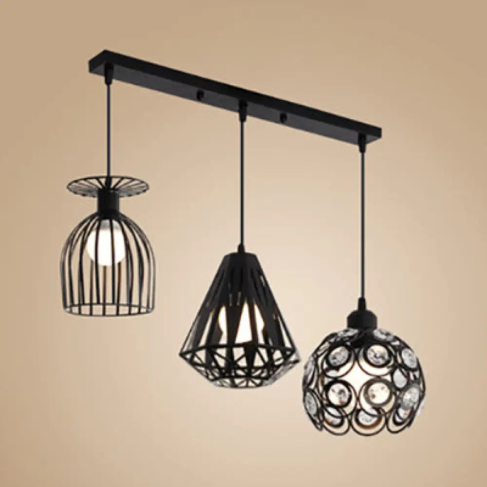 3-Light Loft Style Caged Metal Ceiling Fixture With Black/White Shades - Perfect For Restaurants