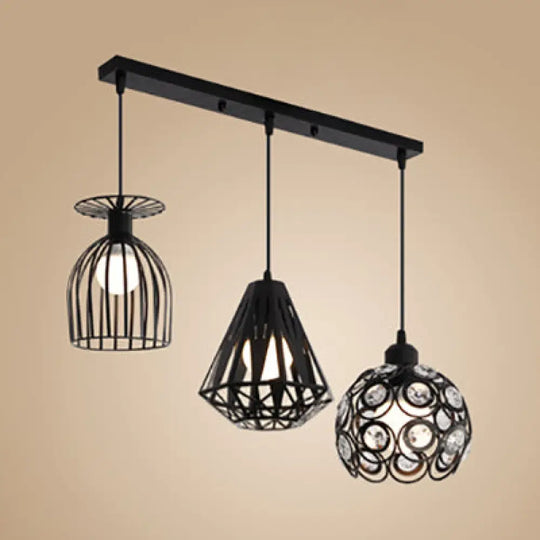 3-Light Loft Style Caged Metal Ceiling Fixture With Black/White Shades - Perfect For Restaurants