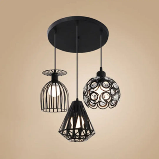 3-Light Loft Style Caged Metal Ceiling Fixture With Black/White Shades - Perfect For Restaurants