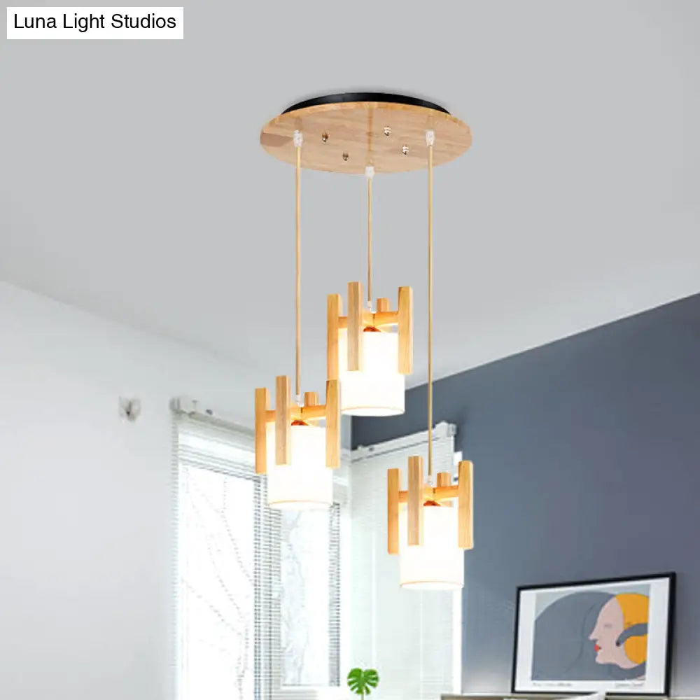 Modern Beige Multi-Light Pendant Ceiling Lamp With Fabric Shade And Wood Fence Top - 3 Lights