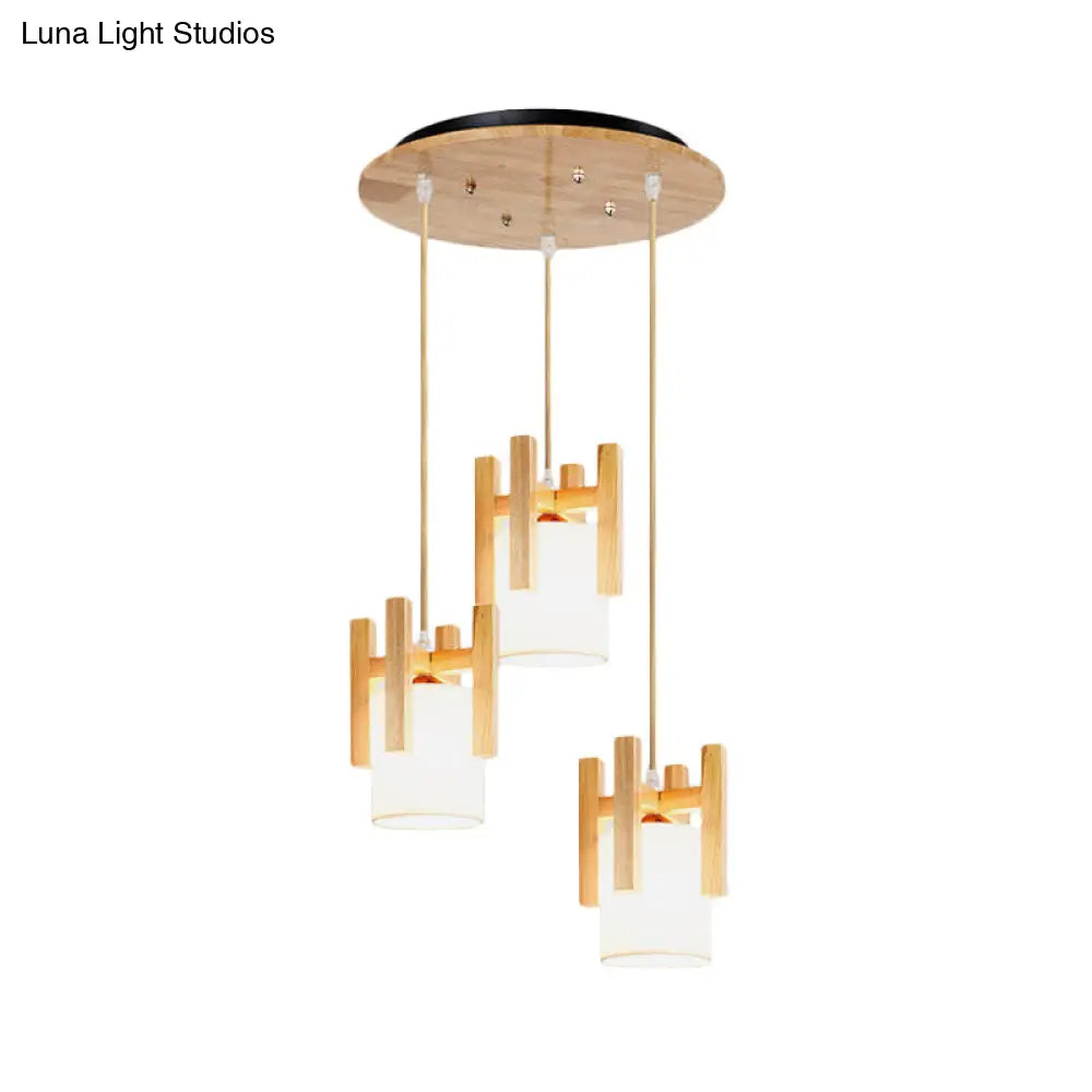 Modern Beige Multi-Light Pendant Ceiling Lamp With Fabric Shade And Wood Fence Top - 3 Lights
