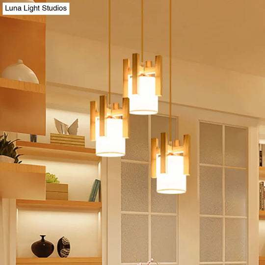 Modern Beige Multi-Light Pendant Ceiling Lamp With Fabric Shade And Wood Fence Top - 3 Lights