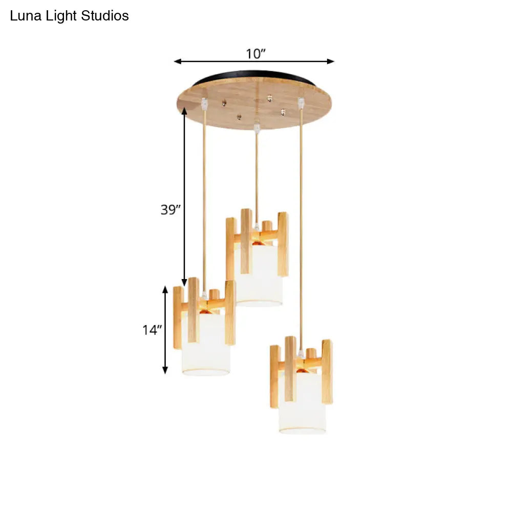 Modern Beige Multi-Light Pendant Ceiling Lamp With Fabric Shade And Wood Fence Top - 3 Lights