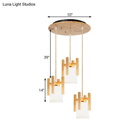 Modern Beige Multi-Light Pendant Ceiling Lamp With Fabric Shade And Wood Fence Top - 3 Lights