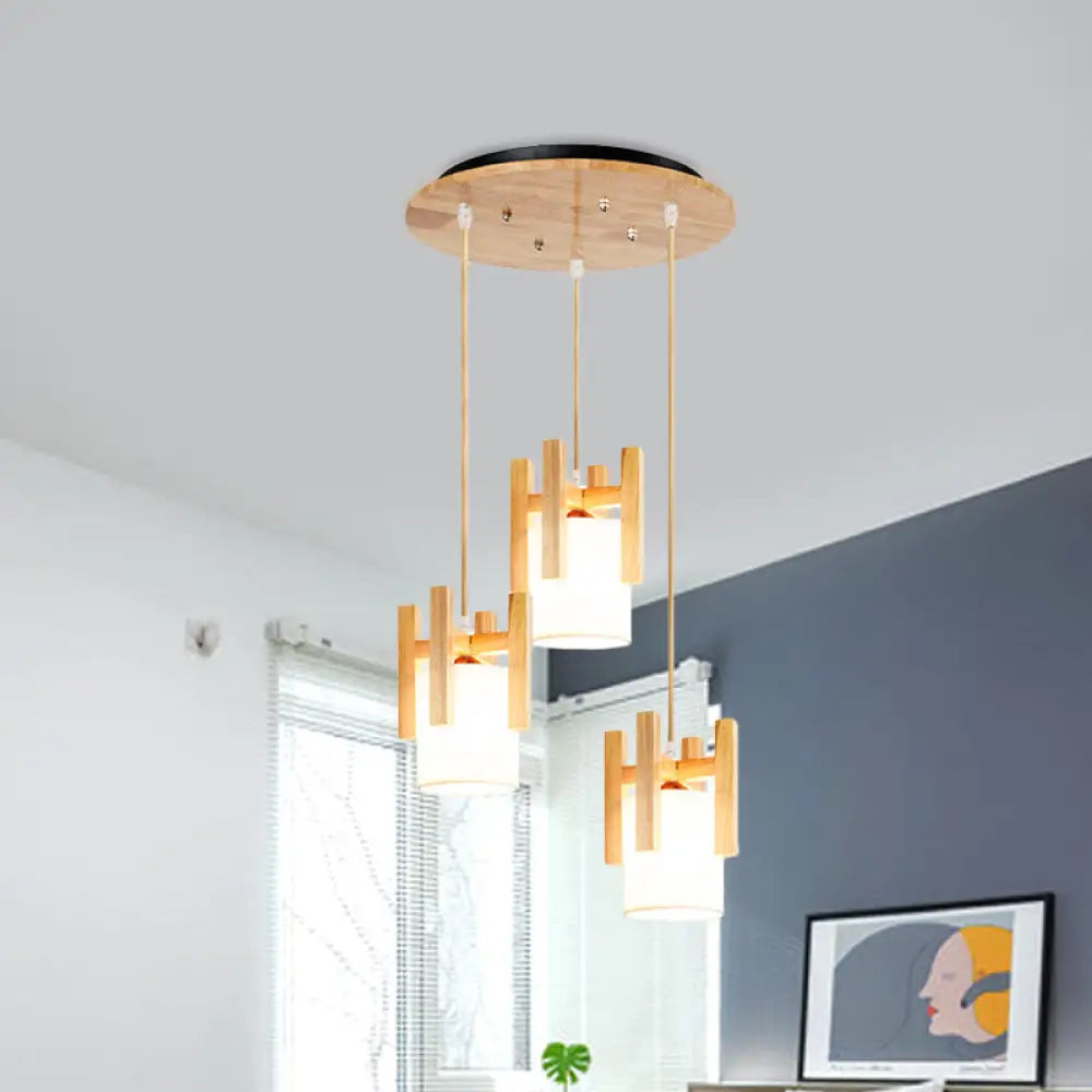 3-Light Modern Beige Pendant Ceiling Lamp With Fabric Shade And Wooden Fence Top Wood