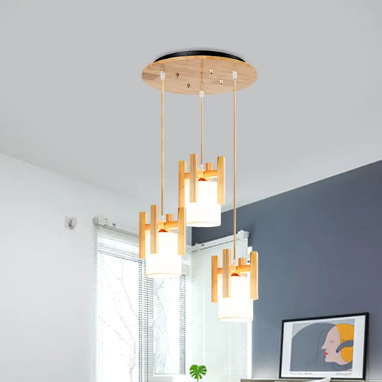 3-Light Modern Beige Pendant Ceiling Lamp With Fabric Shade And Wooden Fence Top Wood