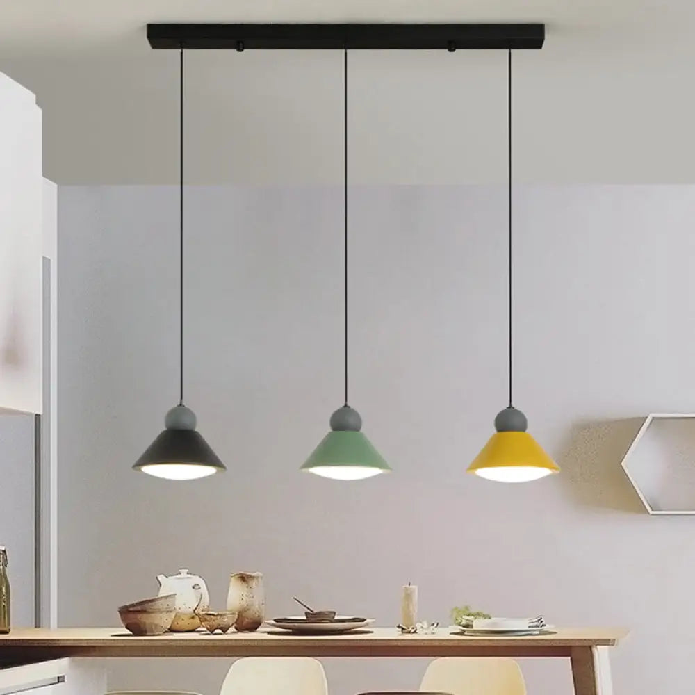 3-Light Multi Ceiling Led Pendant Lamp In Macaron Black-Green-Yellow For Dining Rooms With Metal