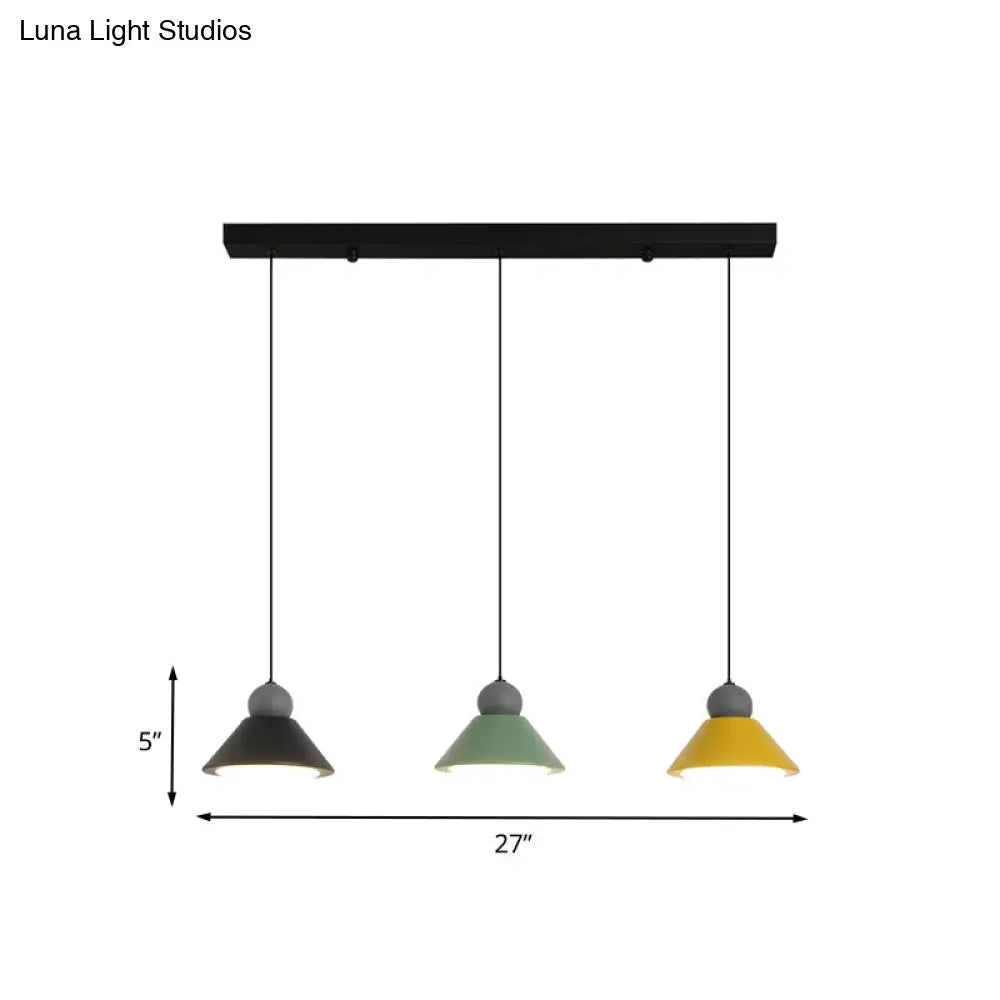 3-Light Multi Ceiling Led Pendant Lamp In Macaron Black-Green-Yellow For Dining Rooms With Metal