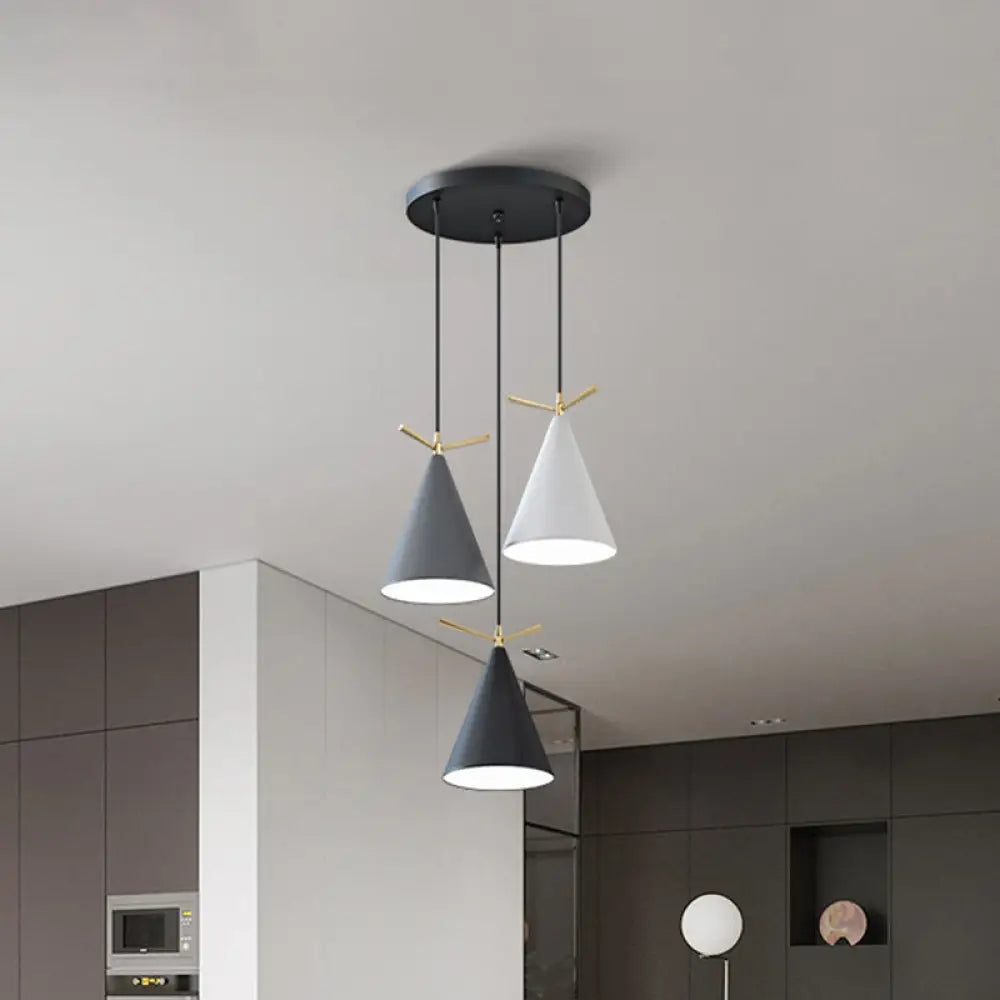 3-Light Nordic Cone Pendant With Antler Decor And Canopy - Black/White Hanging Lamp Black Gray-White