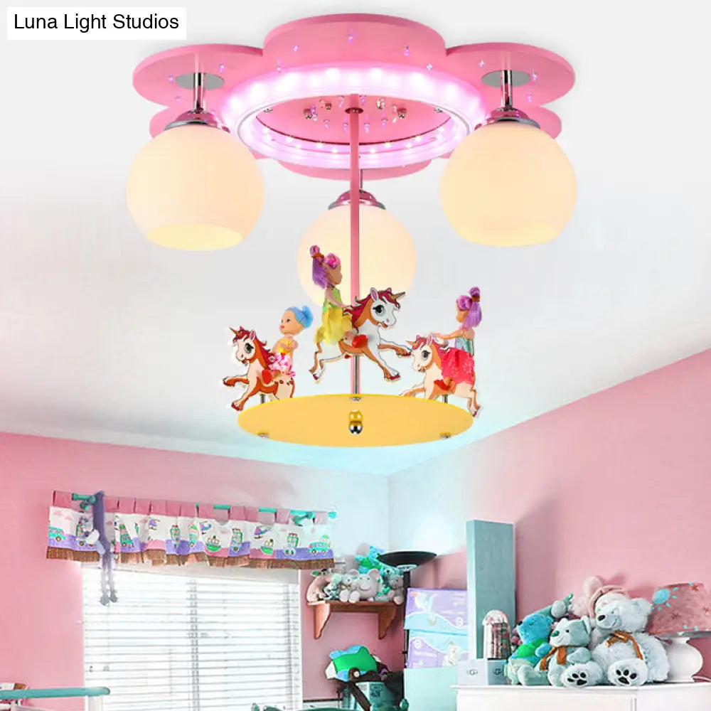 3 - Light Pink Carousel Flush Mount: Lovely Metal Ceiling Lamp For Child Bedroom