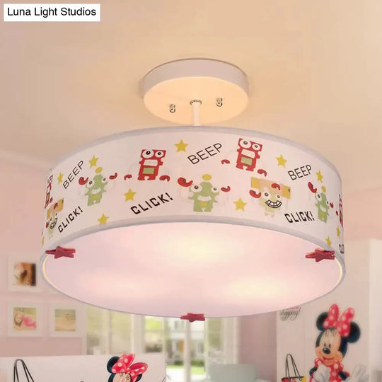 3 - Light Robot Cartoon Drum Semi Flush Mount Ceiling Light For Baby Room