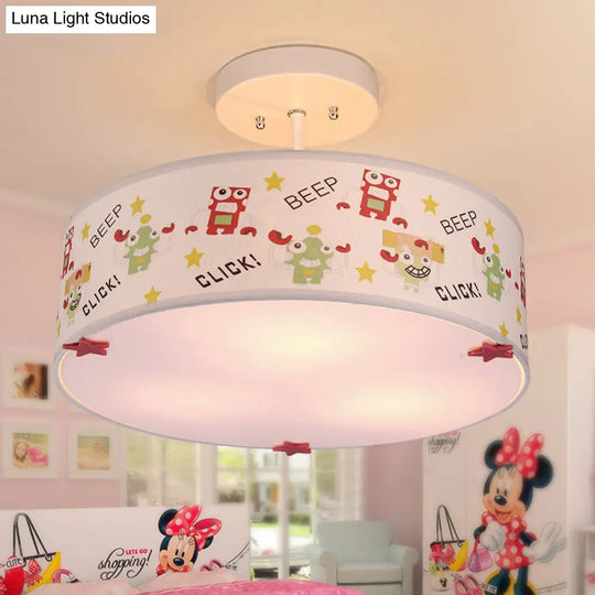 3-Light Robot Cartoon Drum Semi Flush Mount Ceiling Light For Baby Room White