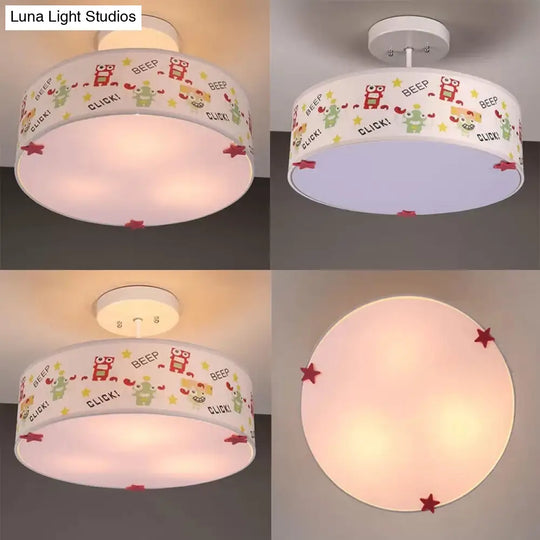 3-Light Robot Cartoon Drum Semi Flush Mount Ceiling Light For Baby Room