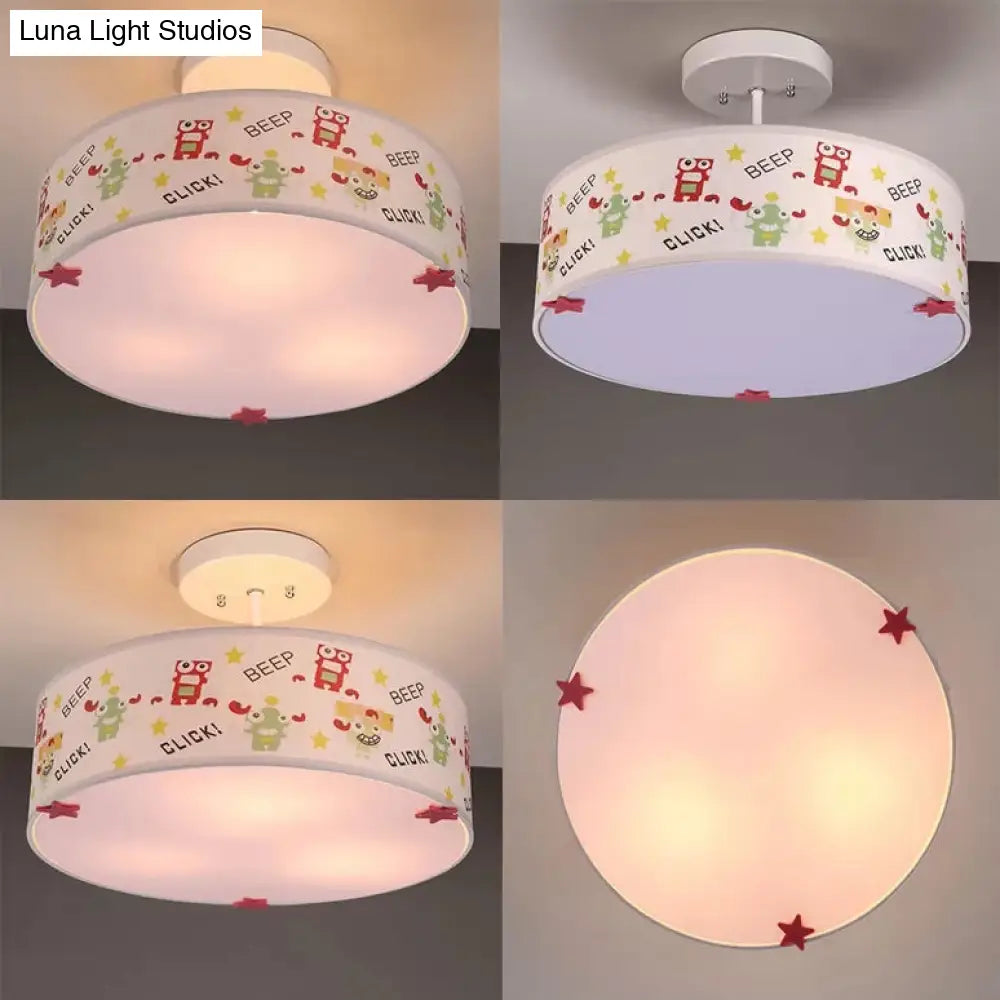 3 - Light Robot Cartoon Drum Semi Flush Mount Ceiling Light For Baby Room