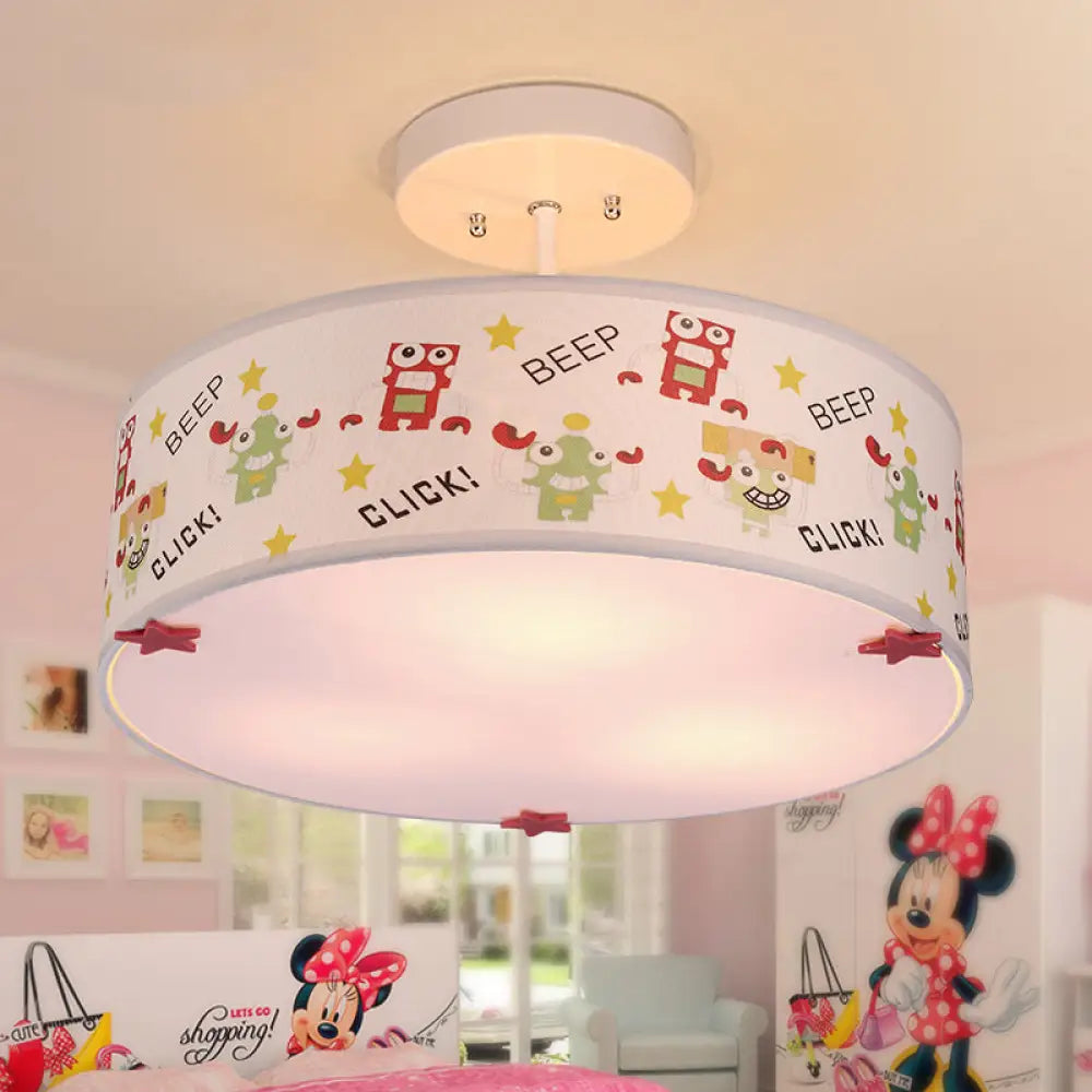 3 - Light Robot Cartoon Drum Semi Flush Mount Ceiling Light For Baby Room White